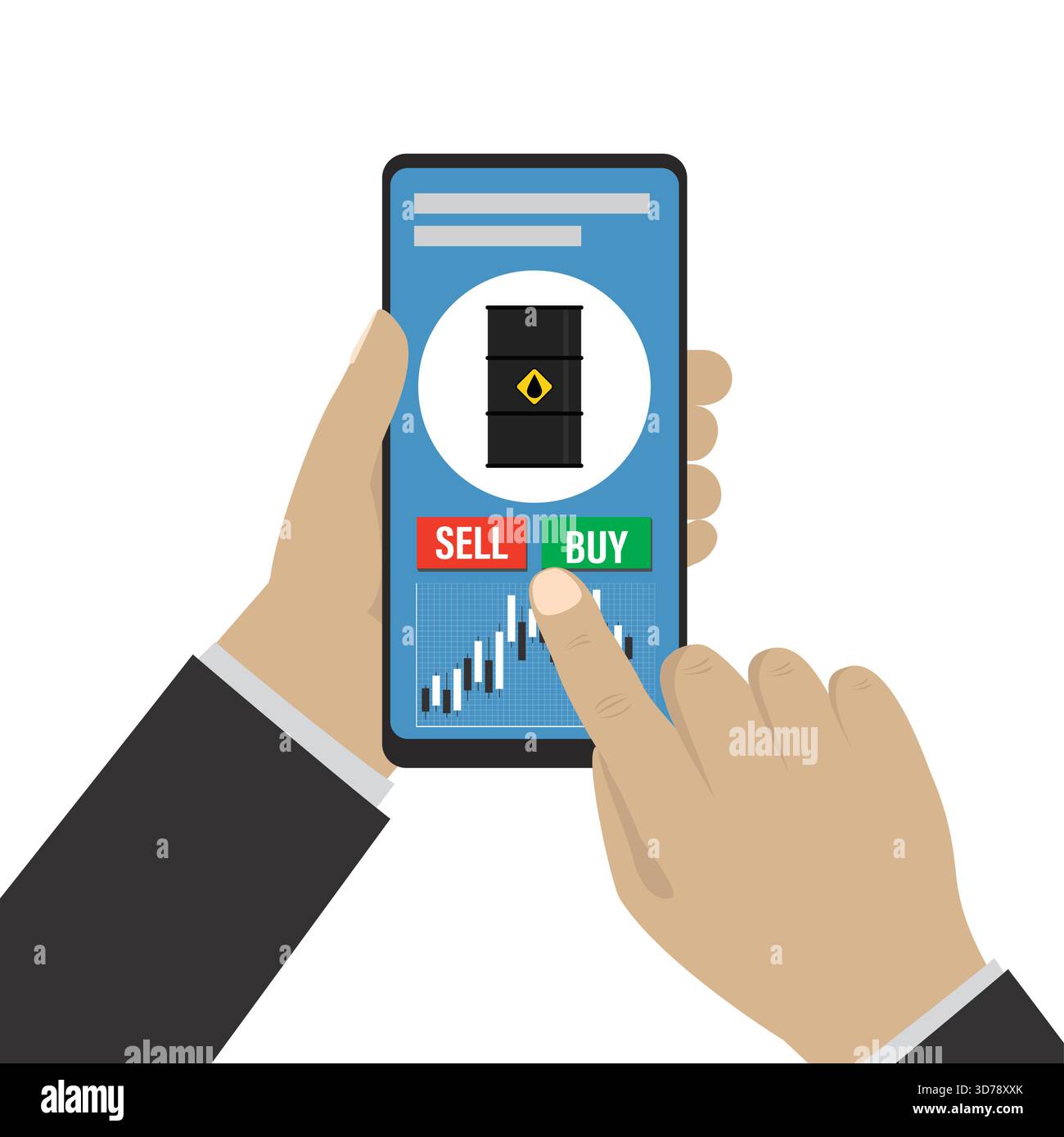 Halten Sie die Hände und berühren Sie das moderne Smartphone. Online-Trading-Anwendung. Ölpreisdiagramm und Kauf- oder Verkaufstasten. Technologie für den Handel mit Rohstoffen Stock Vektor