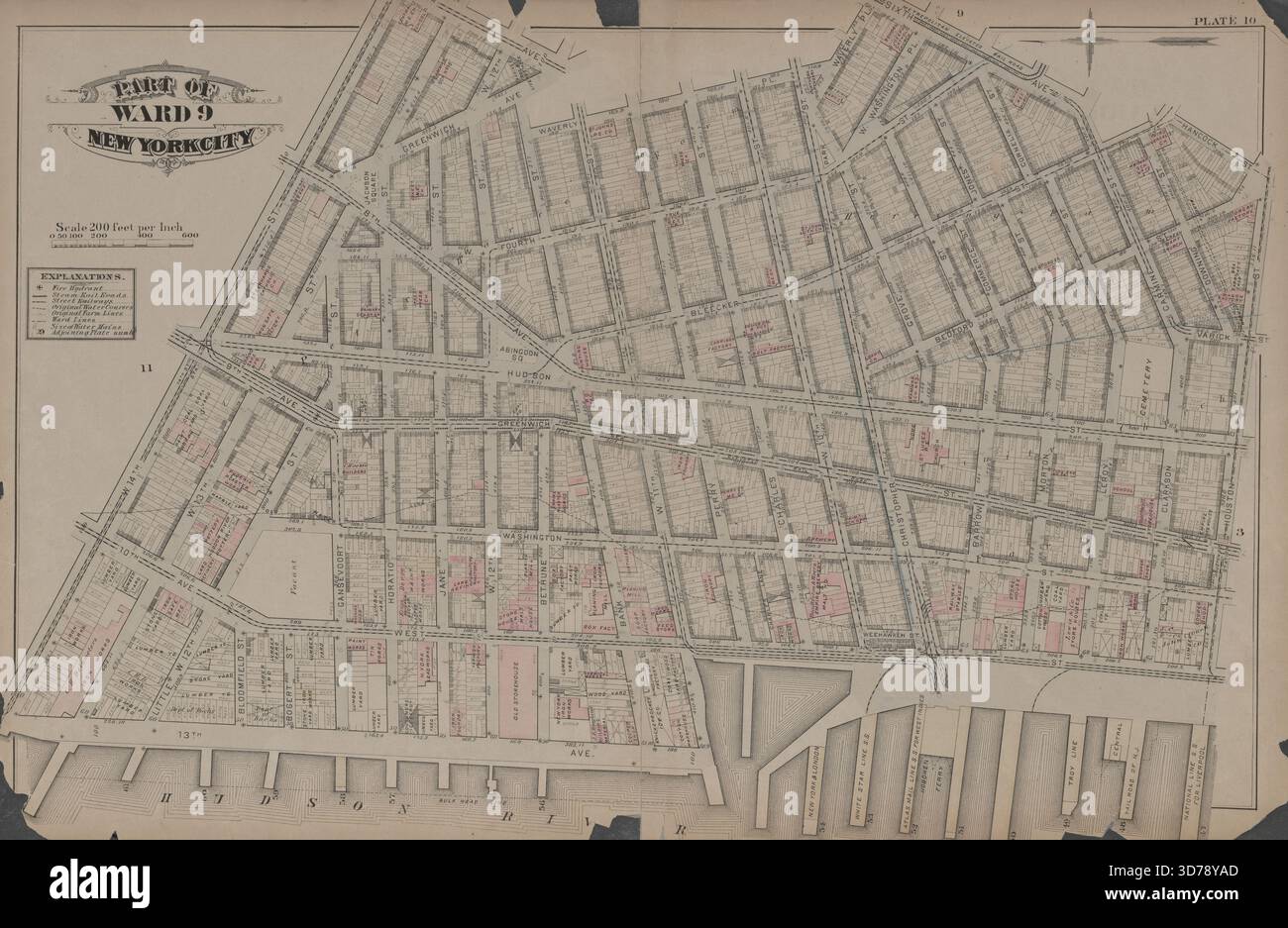 Platte 10 begrenzt durch Waverly Place, Sixth Avenue, Bleecker Street, Hancock Street, Houston Street, West Street, W. 11th Street, Thirteenth Avenue, W. 14th Street und Seventh Avenue, 1879. Additional, Teil von Ward 9, New York City., 1879. Herausgeber: G. W. Bromley & E. Robinson. Immobilien, New York (Bundesstaat), New York Stockfoto