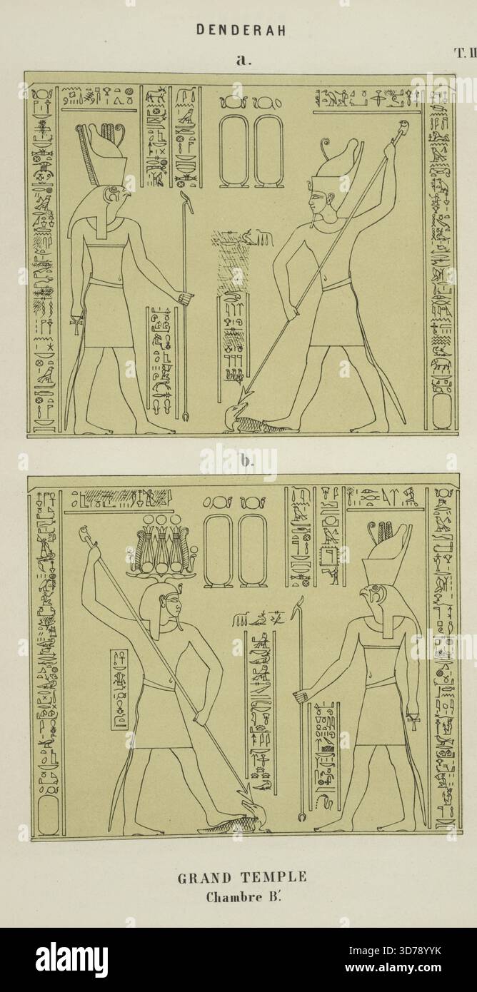 Großer Tempel in Denderah, speziell Chambre B'. Das Bild zeigt zwei Tableaux, eines an der rechten Wand und das andere an der linken Wand, die jeweils unmittelbar nach dem vorherigen Tableau platziert werden. Zu den Publikationsdetails gehören der Verlag A. Franck und F. Vieweg mit dem Ausgabedatum 1870. Die Kulisse ist der Tempel des Hathor in Dandara, Ägypten, der seine Architektur hervorhebt Stockfoto