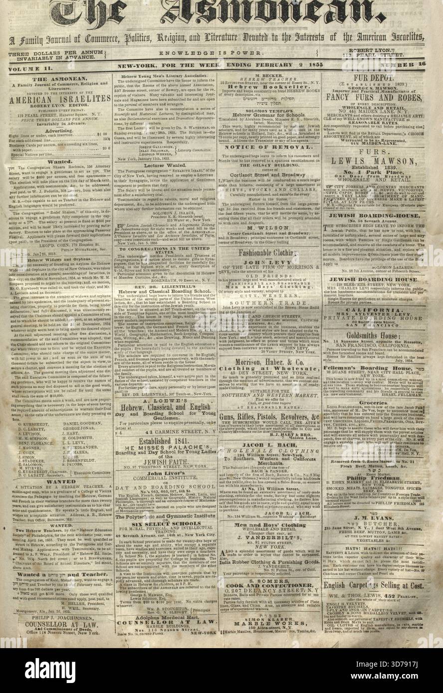 Die Asmonäer, Band 11, nein 16, 02.02.1855, New York, New York, Verlag, Robert Lyon, 02.02.1855, Juden, New York (Staat), jüdische Zeitungen Stockfoto