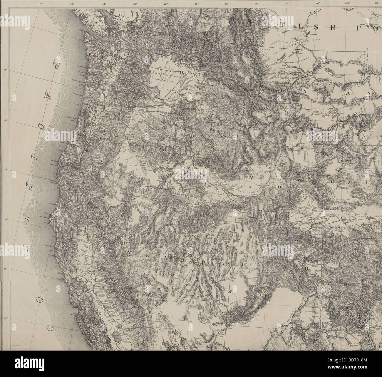 Territorium der Vereinigten Staaten vom Mississippi River bis zum Pazifischen Ozean, bereit, die Berichte über Erkundungen für eine Route der Pacific Railroad zu begleiten. Erstellt gemäß der 10. & 11. Sektion des Army Appropriation Act vom 3. März 1853. Die Karte wurde 1873 vom Kriegsministerium in Washington, D.C. herausgegeben und besteht aus 4 Blättern mit den Abmessungen 108 x 117 cm, mit Einzelblättern in den Größen 59 x 63 cm und 57 x 63 cm. Sie umfasst Themen wie Eisenbahnen, Erkundungen und Vermessungen sowie die Erweiterung nach Westen in den Vereinigten Staaten Stockfoto