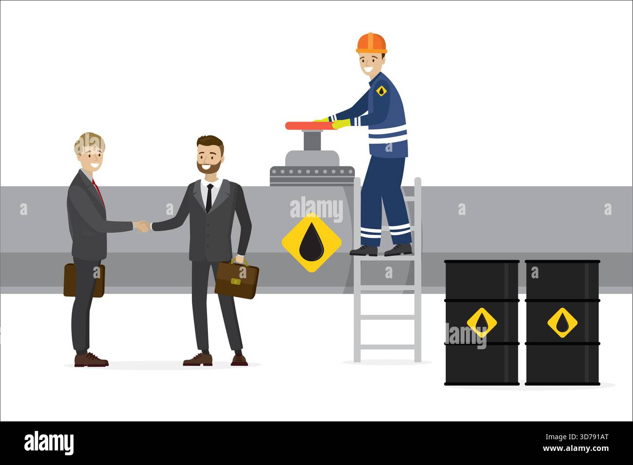 Öldeal, glückliche Geschäftsleute schütteln die Hand, erfolgreiche Verhandlungen. Ölmann, der auf der Leiter steht und ein großes Rohrleitungsventil dreht. Neue Pipeline für Suppl Stock Vektor