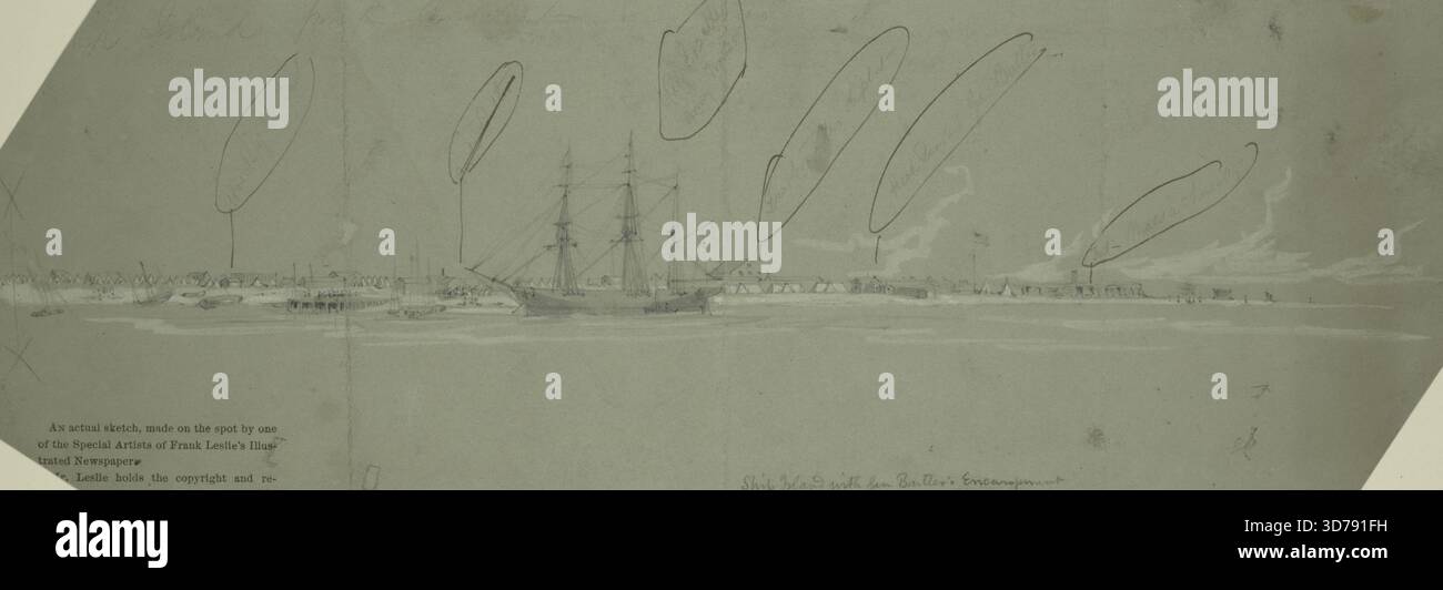 Schiffsinsel mit General Butlers Lager. Aus Connecticut, Waud, William (d. 1878)., 1861-1864, speziell 1862-02-20. Vereinigte Staaten, Geschichte, Bürgerkrieg, 1861-1865. Bleistiftzeichnung., 1 Zeichnung, Abmessungen 12,5 x 36,1 cm Stockfoto