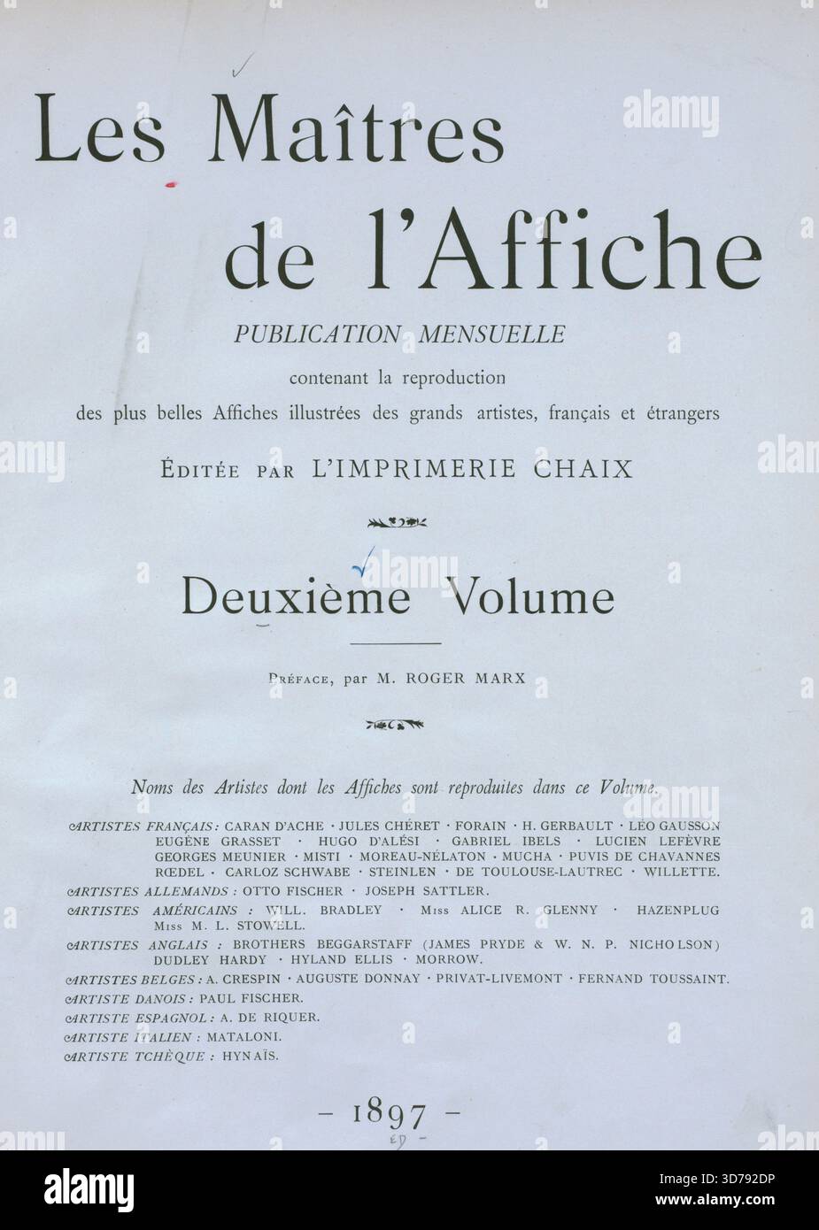 Titelseite von Les maîtres de l'affiche, Deuxième Volume, 1897, herausgegeben von Imprimerie Chaix, Paris Stockfoto