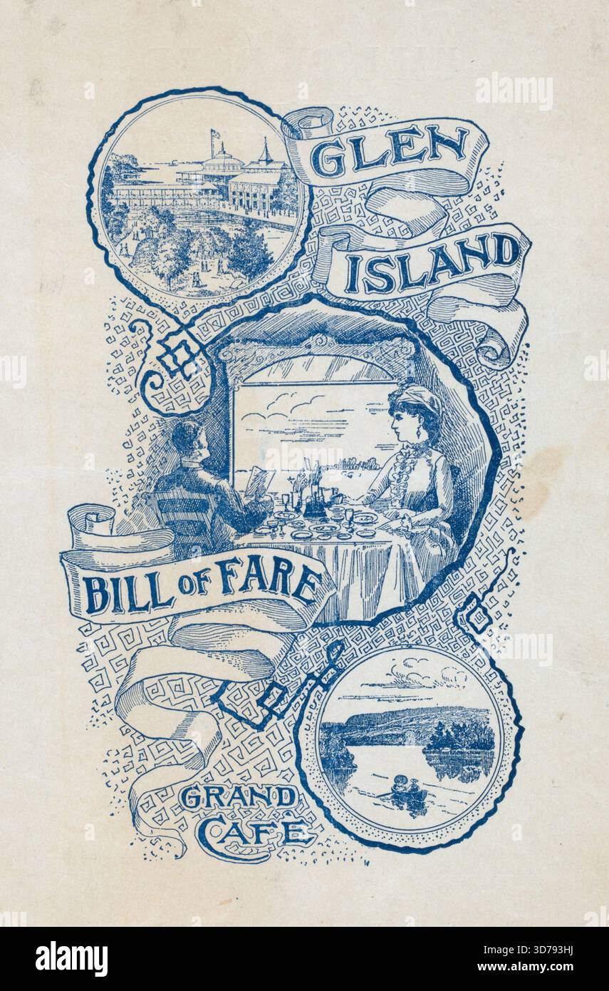 Rechnung des Glen Island Grand Cafe in Glen Island, NY, ausgestellt im Jahr 1892. Bei dem Dokument handelt es sich um eine Abbildung im Ordnerformat, die 6 x 9,25 Zoll misst Stockfoto