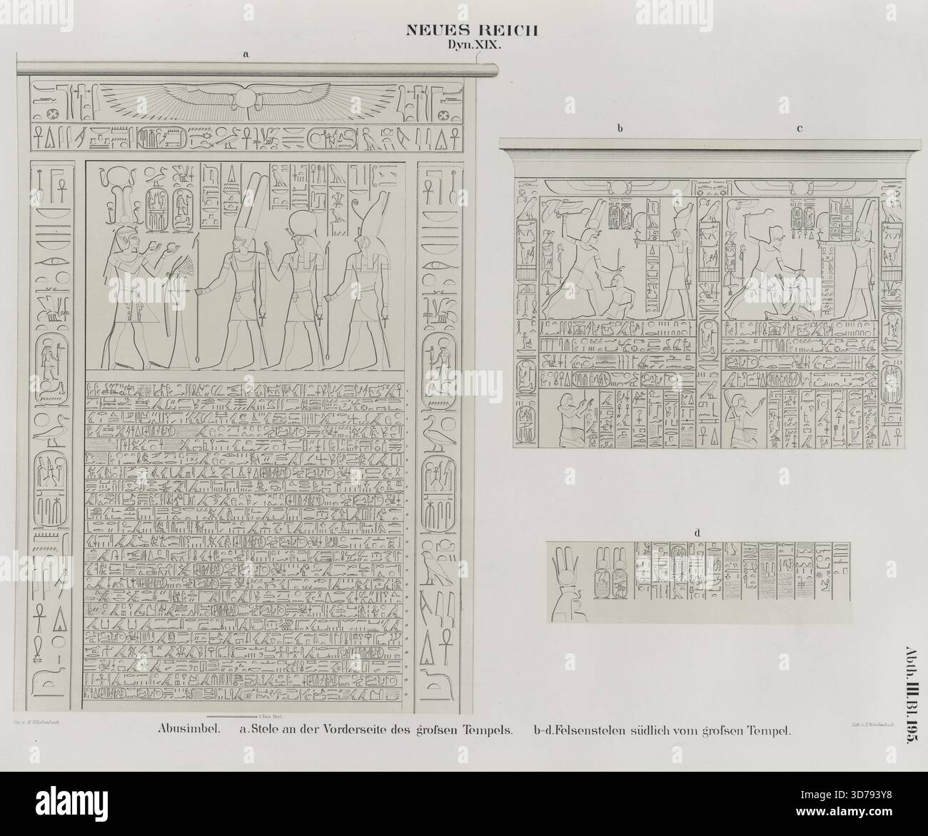 Neues Reich. Dynastie XIX. Abusimbel Abû Sunbul, a. Stele an der Vorderseite des Großen Tempels; b-d.. Felsenstelen südlich des Großen Tempels., 1849 - 1856, Berlin, Verlag, Nicolaische Buchhandlung, Ägypten, Antiken, Inschriften, Hieroglyphen, großer Tempel (Abû Sunbul, Ägypten), Stelen, Votivopfer, Götter, ägyptisch, vier Bilder auf einer Seite Stockfoto