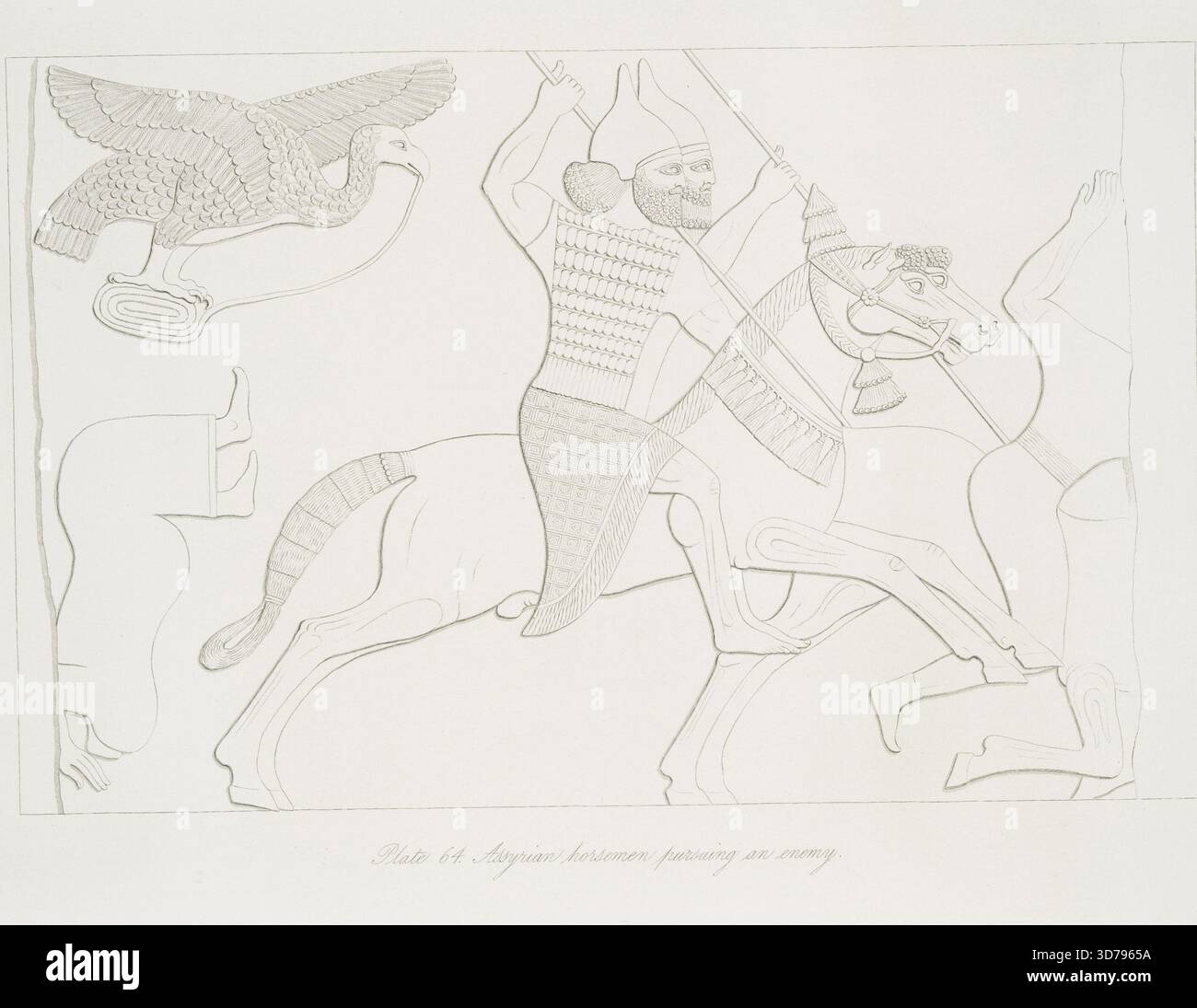 Assyrische Reiter verfolgen einen Feind. 1849. London. Herausgeber J. Murray. Zu den Merkmalen gehören Basreliefs, Adler, Lanzer aus Assyrien und Elemente im Zusammenhang mit Feldzügen und Schlachten in Assyrien. Das Bild ist eine Farblithografie mit Abmessungen von 38 x 56 cm Stockfoto