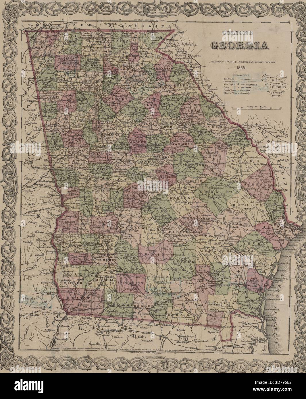 Colton's Georgia, 1865, G.W. & C.B. Colton & Co. Karte aus dem Jahr 1865 aus der Nr. 172 William St., New York. Mit Eisenbahnen und administrativen und politischen Abteilungen., 1 Farbkarte; 35 x 29 cm Stockfoto