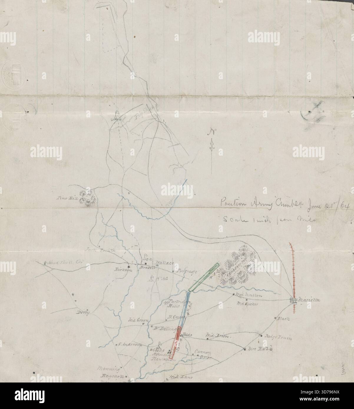 Karte des zentralen Cobb County in Georgia, erstellt am 21. Juni 1864, die die Position der Armee der Cumberland darstellt. Die Karte ist eine Handschrift, farbig, 28 x 26 cm groß, mit Relief durch Hachures. Es enthält geografische Merkmale, die für die Kennesaw Mountain Region relevant sind, und Hinweise über Landbesitzer in der Gegend während der Schlacht am Kennesaw Mountain im Jahr 1864 Stockfoto