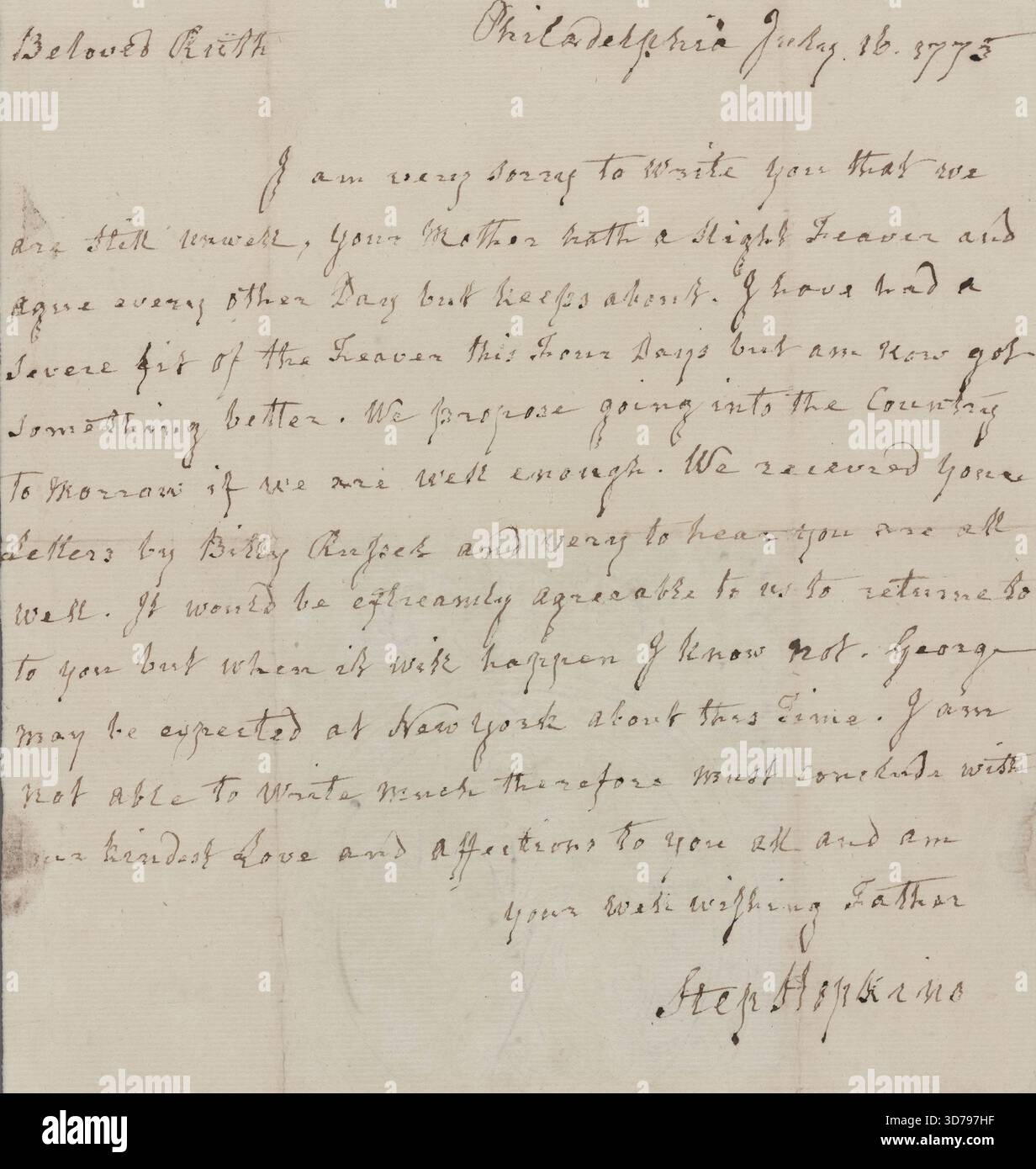 Brief an Ruth G. Hopkins, seine Tochter Providence, R.I., 16. Juli, 1775, Philadelphia, Pa., Vereinigte Staaten, Unabhängigkeitserklärung, A.L.S. 1 Seite Stockfoto