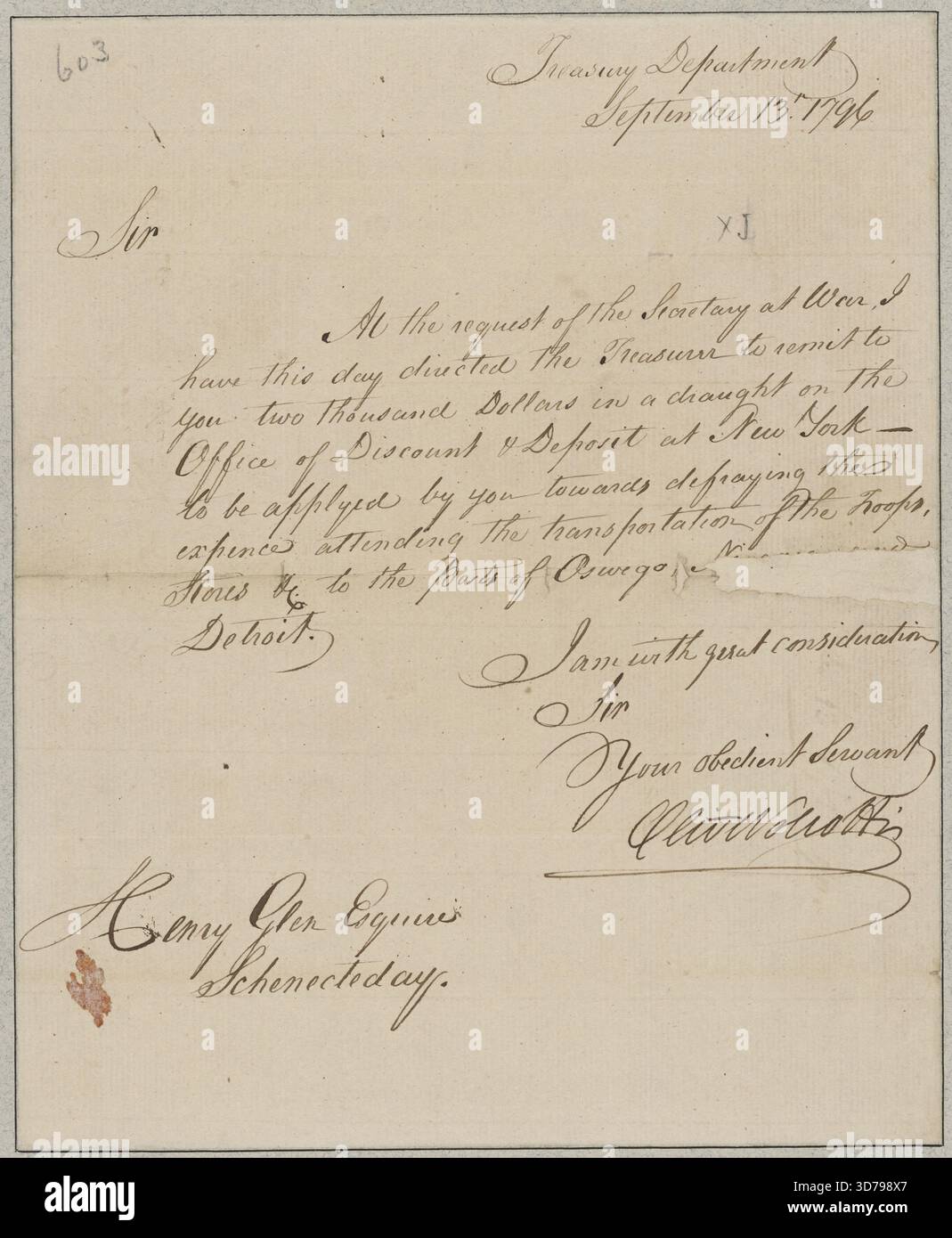 Ein Dokument des Finanzministeriums, geschrieben von Oliver Wolcott, Jr. an Henry Glen, vom 13. September 1796. Das Dokument besteht aus einer Seite Stockfoto