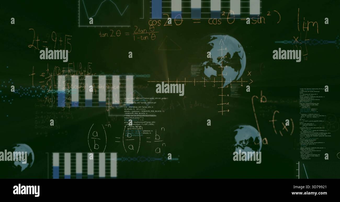 Anzeige eines Schwarzen Bretts mit geschriebenen Mathematik, Integralen f(x), Balken und Globus-Symbolen im Klassenzimmer Stockfoto