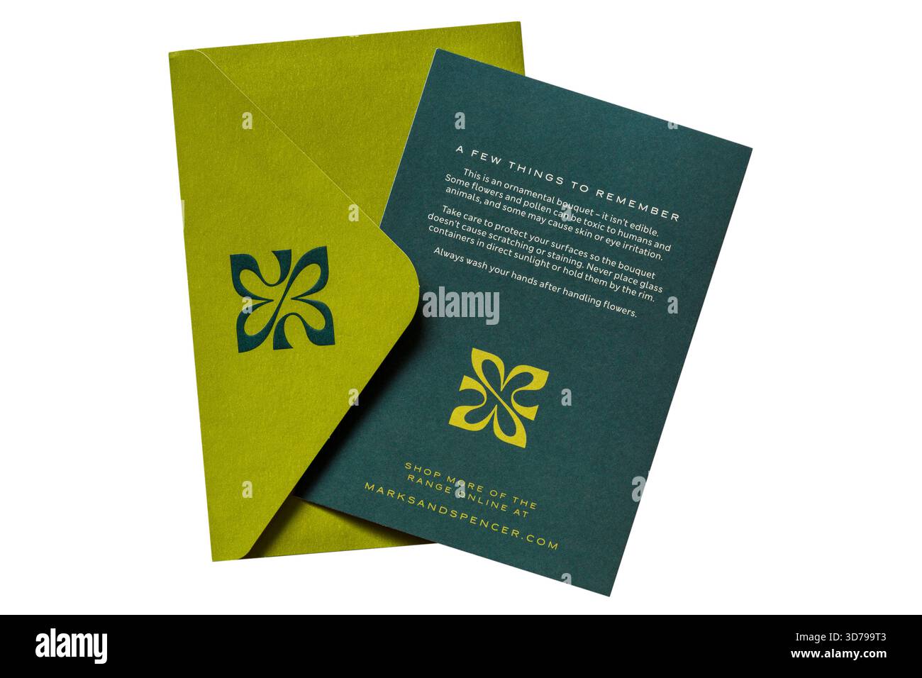 Care Guide Flower Market bei M&S mit Umschlag isoliert auf weißem Hintergrund - Informationen zur Pflege von Blumen von M&S Stockfoto