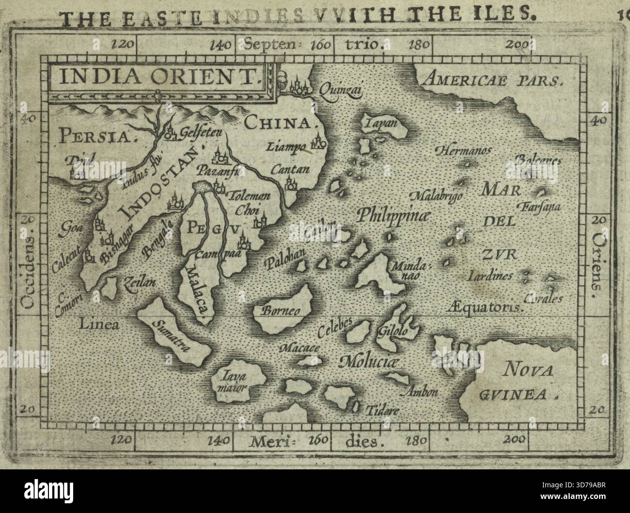 Eine Titelseite aus „India Orient“. Veröffentlicht 1603 von James Shawe in London. Die Seite enthält den zusätzlichen Titel „die Easte Indies mit den Iles“. Die Publikation ist mit Atlanten und Geographie assoziiert und konzentriert sich auf Regionen wie Norwegen, Asien, Südostasien und Indien Stockfoto