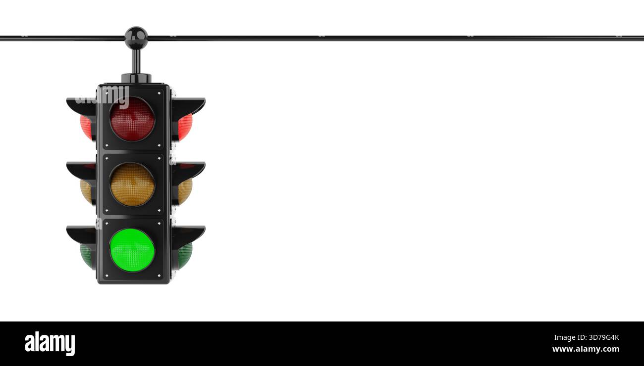 Städtisches Transportkonzept. Hängende Ampel Mit Grünem Signal Auf Weißem Hintergrund. 3D-Rendering Stockfoto