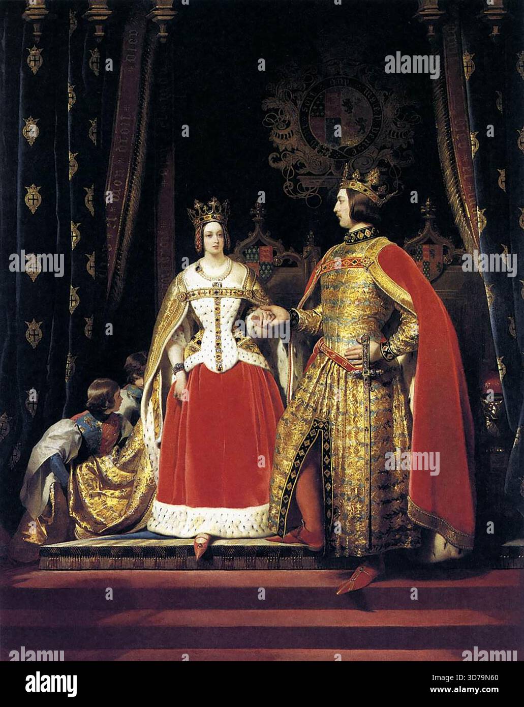 LANDSEER, Sir Edwin Henry (* 1802, London, d. 1873, London) Königin Victoria und Prinz Albert im Bal Costum? Am 12. Mai 1842 1842 143 wurden im Buckingham Palace von Königin Victoria und Prinz Albert drei Kostümbälle gehalten, die jeweils in einem anderen Stil gehalten wurden 112. Am 12. Mai 1842 erschienen die Hauptfiguren Eduard III. (1312–77) und Königin Philippa (1314–69). Die zweite, am 6. Juni 1845, trug frühe georgianische Kleidung und die dritte, am 13. Juni 1851, im Stil der Restauration. Landseer hat Queen Victoria und Prince Albert in gemalt Stockfoto