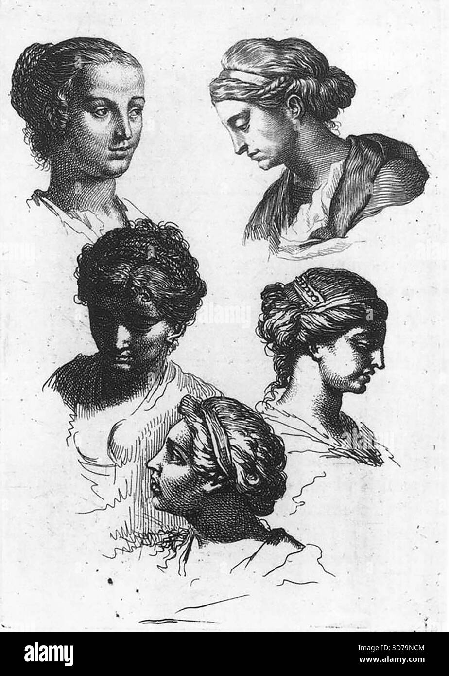 LAIRESSE, G?rard de (* 1641, Li?ge, d. 1711, den Haag) fünf weibliche Köpfe - Etching Rijksmuseum, Amsterdam diese Köpfe wurden von klassischen Modellen inspiriert. --- Schlüsselwörter: ----------------- Autor: LAIRESSE, G?rard de Titel: Fünf weibliche Köpfe Zeitlinie: 1651-1700 Schule: Niederländisch Form: Grafik Typ: Studie Stockfoto