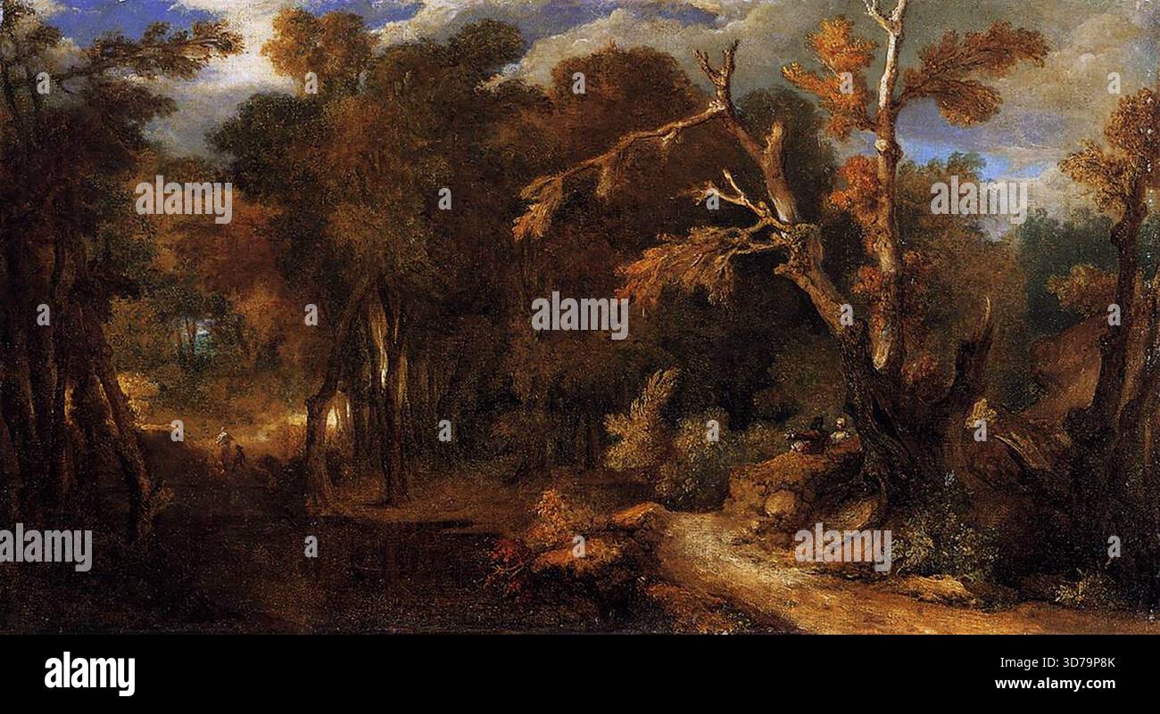 LARGILLI?RE, Nicolas de (* 1656, Paris, d. 1746, Paris) Landschaft - Öl auf Leinwand Mus?e du Louvre, Paris Largilli?re malte auch reine Landschaften - oder Landschaften, die nur von so winzigen, unwichtigen Figuren bevölkert werden, wie man sie in diesem herbstlichen Waldland entziffern kann Landschaft, die nach Rubens und nach Fragonard zurückblickt. Es gibt echte Poesie in ihrer Kraft, und eine Freude an der Wildheit der Natur, an hoch aufragenden Bäumen und üppigem Laub, was einen bedauern lässt, dass dieser Aspekt seiner Kunst so selten ist. Kombiniert mit seinen Stillleben und den faszinierenden Trompe l'oeil-Dekorationen seiner Stockfoto