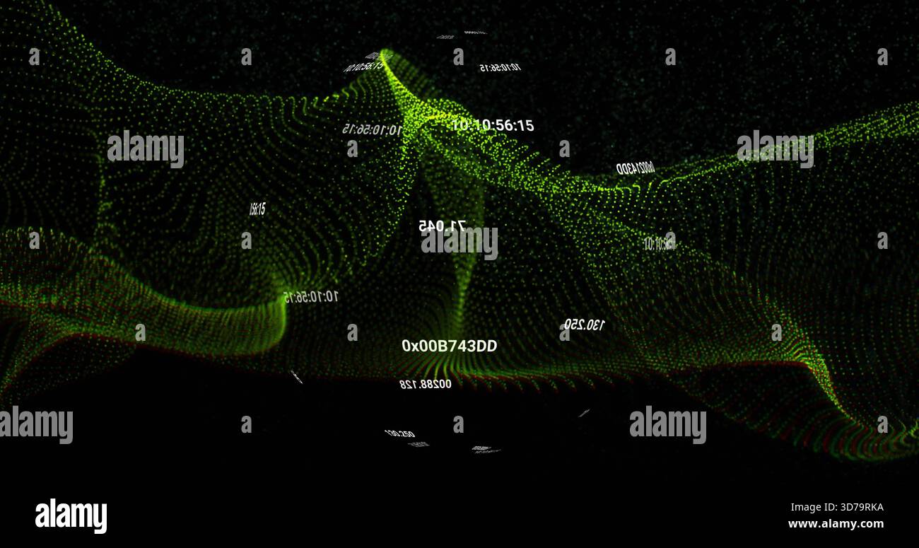 Fließende grüne Punktwolke, die Wellenformspitzen im dunklen Raum bildet, zeigt rote Punkte und 0x00B743DD Stockfoto
