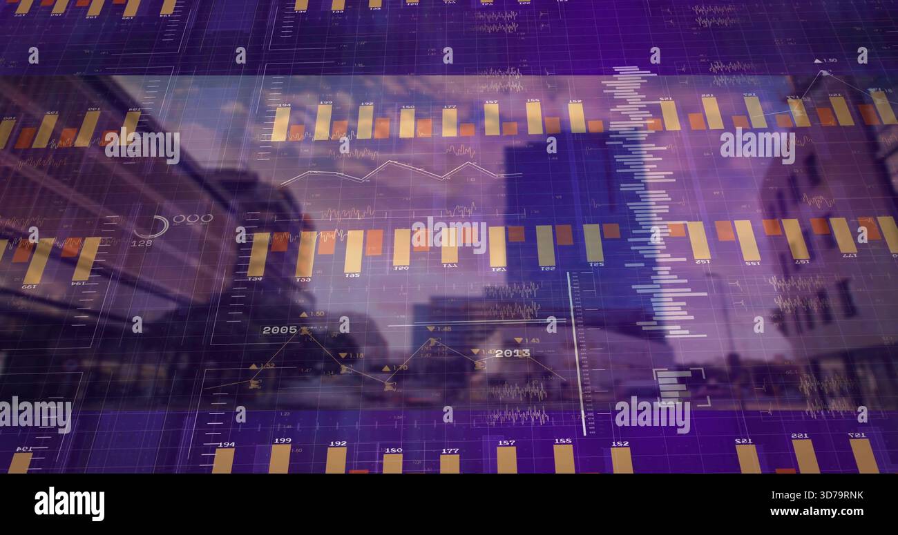 Anzeige von zusammengesetzten Datenvisualen, die mit der Skyline der Stadt im Stadtzentrum verschmelzen, mit goldenen Balkendiagrammen Stockfoto
