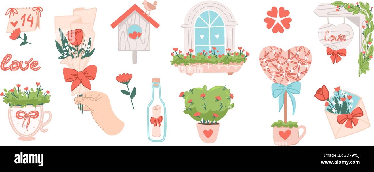 Schönes Set zum Valentinstag mit Flasche, Umschlag, Blumen und Balkondekor Stock Vektor