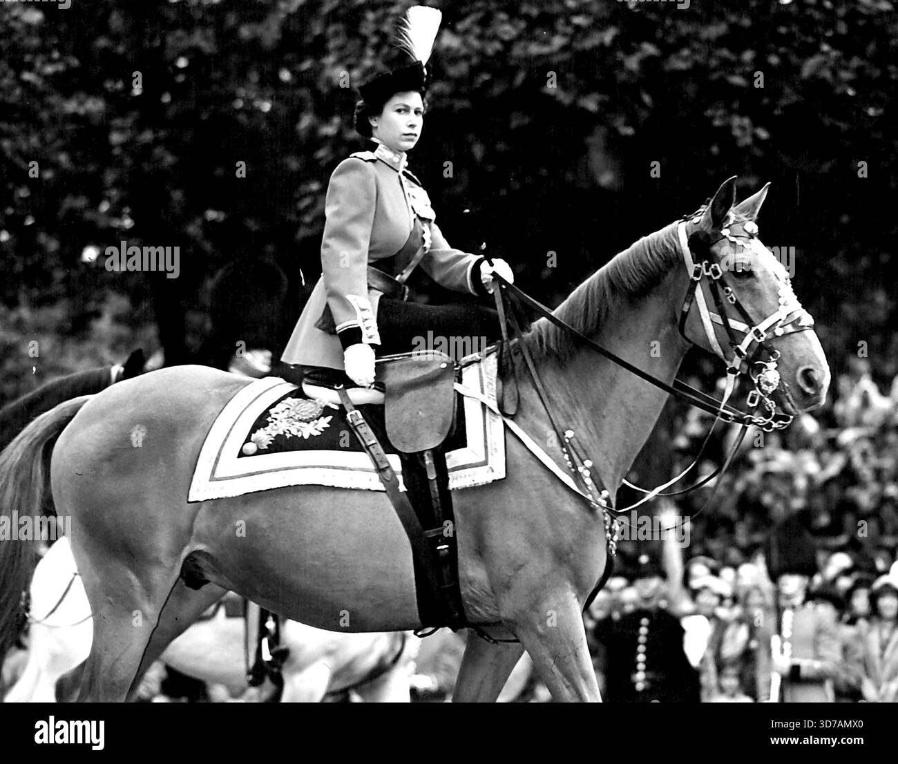 Die Königin reitet entlang der Mall auf ihrem Weg vom Buckingham-Palast zu einer Parade der Pferdewacher. Die Königin ritt heute vom Buckingham-Palast, um den Gruß bei der Truppe der Colour-Zeremonie auf der Pferdewache-Parade zu nehmen. Rekordmassen säumten die Strecke, um die Königin beim Vorbeigehen zu beobachten. Seit den frühen Morgenstunden warteten die Leute auf der Parade der Pferdewache, um die Zeremonie zu sehen. Die Königin ritt im Seitensattel auf dem Polizeipferd winston und trug ihre speziell entworfene Garde-Uniform – eine scharlachrote Tunika, einen dunkelblauen Reitrock und einen Dreieckshut mit dem goldenen Abzeichen und der weißen Federn der Grenadiere. Hinter Th Stockfoto