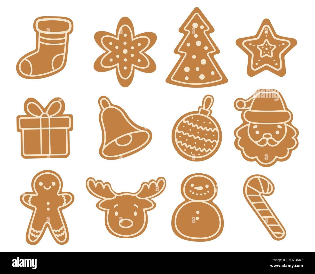 Sammlung von weihnachtlichen Lebkuchenkeksen in verschiedenen Formen. Isolierter weißer Hintergrund. Vektorabbildung. Stock Vektor