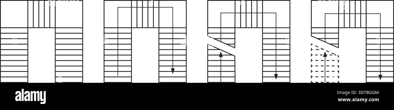 Treppenschilder für Innenarchitektur. Satz Treppensymbole mit Pfeilen für den Entwurf des Grundrisses. Elemente für 2D-Architekturprogramm isoliert auf Stock Vektor
