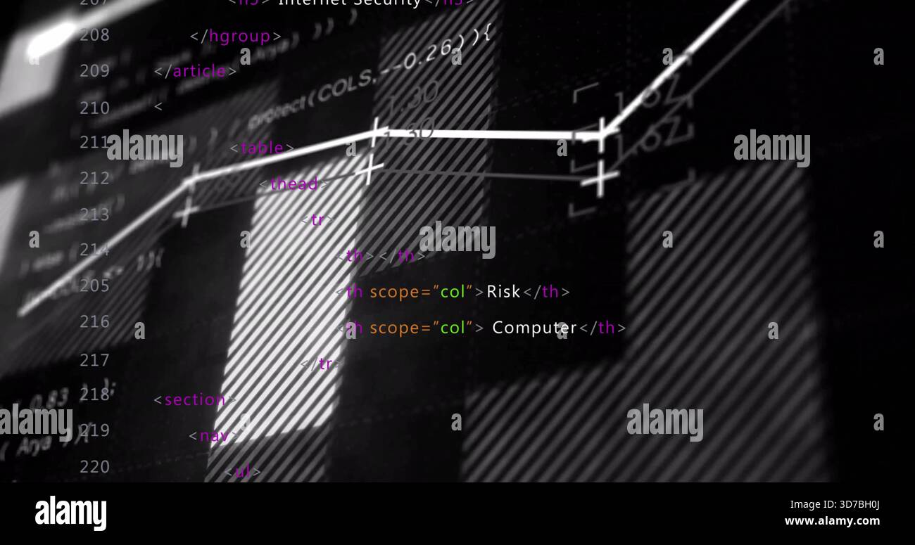 HTML-Code und Liniendiagramm-Overlay auf dunklem Monitor am Schreibtisch anzeigen, Zeilennummern und Tags anzeigen. Visualisierung, Dashboard, Schnittstelle, Analyse, Daten, Stockfoto