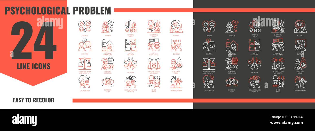 Familienpsychologische Problemsymbole. Vektorsatz von linearen Zeichen, die Missbrauchs-, sucht-, Arbeitslosigkeit- und Beziehungsprobleme zeigen. Symbole für psychische Gesundheit, Beratung und Therapie visuelle Infografiken Stock Vektor