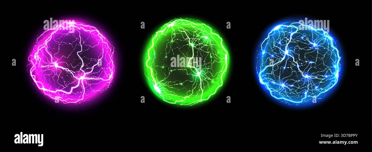 3D-Plasmaspugeln mit rosa, grünen und blauen Neonleuchten und elektrischen Blitzwellen im Inneren. Vektorkugeln bieten Neonlichtanschläge und funkelnde Energieentladungen für Fantasy-Spiele Stock Vektor