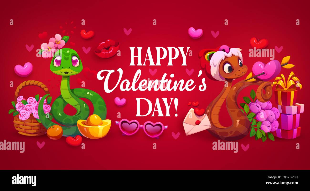 Grußkarte oder Banner zum Valentinstag. Liebe Feier Vektor Flyer, romantische Party Grußkarte. Poster zum Valentinstag mit Schlangen, lustigen Zeichentrickfiguren, Geschenkboxen und Blumen Stock Vektor