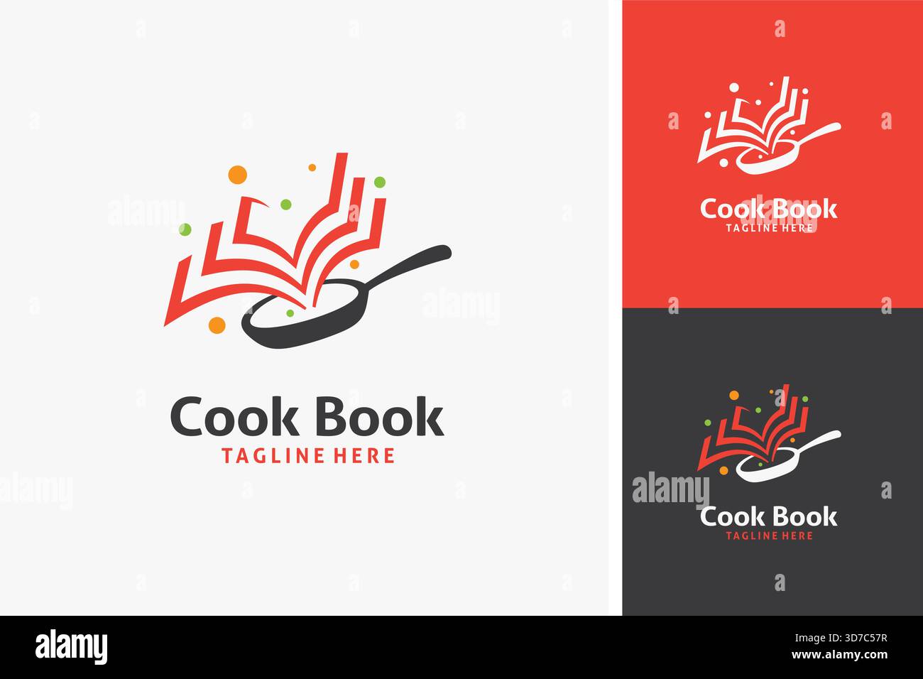 Pfanne und Buch für das Logo des Kochbuchs Stock Vektor