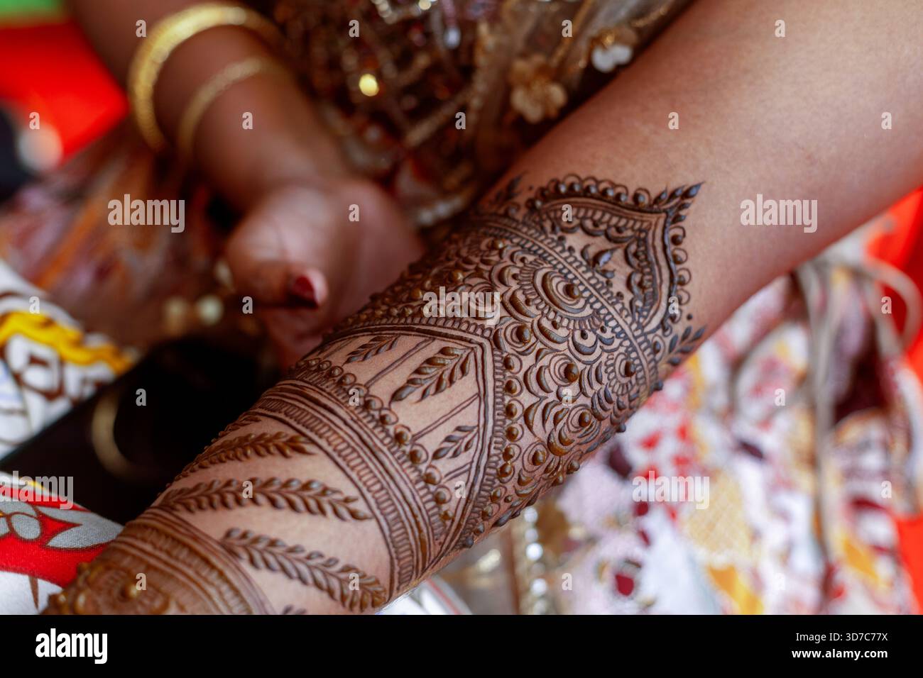 Diese detailreiche Henna-Kunst zeigt traditionelle Muster und kulturelle Bedeutung, perfekt für künstlerische Projekte Stockfoto