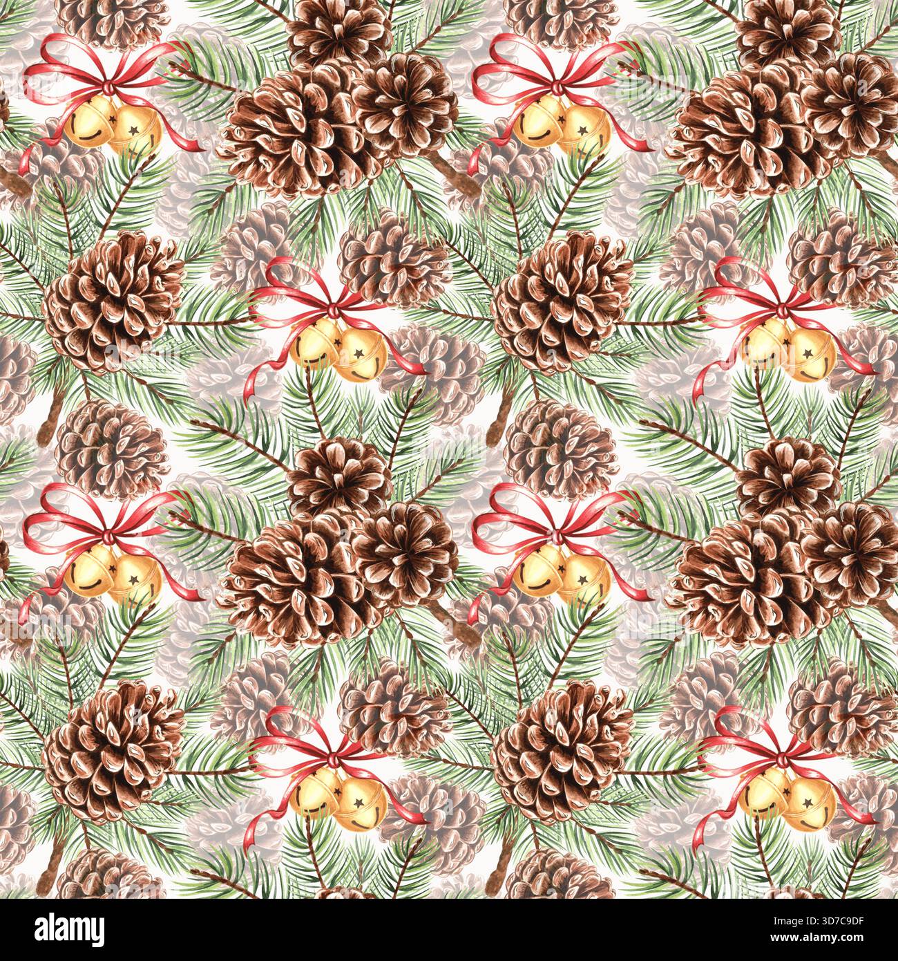 Tannenzweige in Aquarellfarben mit Kegeln und runden Glockenmustern für weihnachtliches Design. Handgezeichnete Illustration mit Fichtenzweig für den Winterurlaub Stockfoto