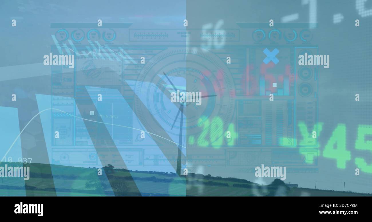 Digitale Überlagerung mit rollierenden Feldern aus der unteren Ansicht mit Anzeige der zentralen Uhr Â¥ 45 Stockfoto