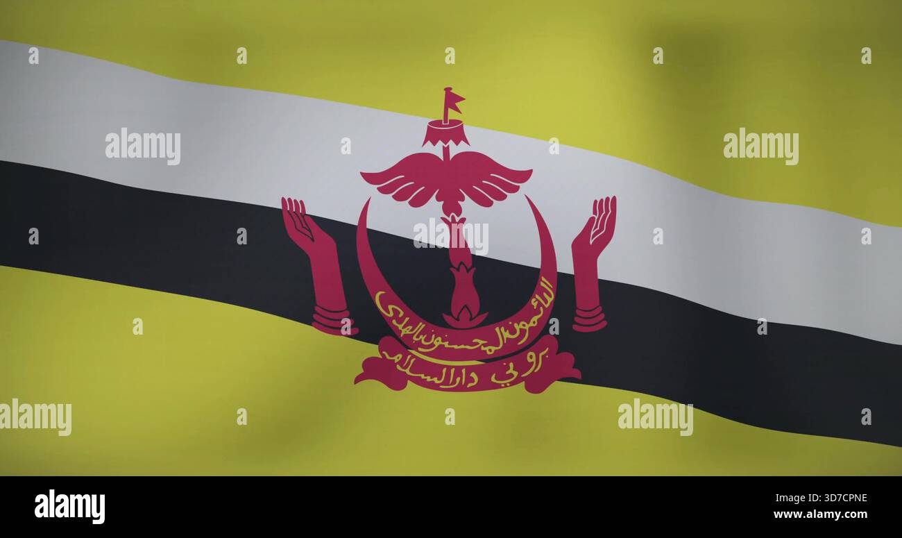 Wehende Brunei-Flagge in Nahaufnahme zeigt gelbes Feld mit schwarz-weißem Diagonalstreifen und rotem Wappen Stockfoto