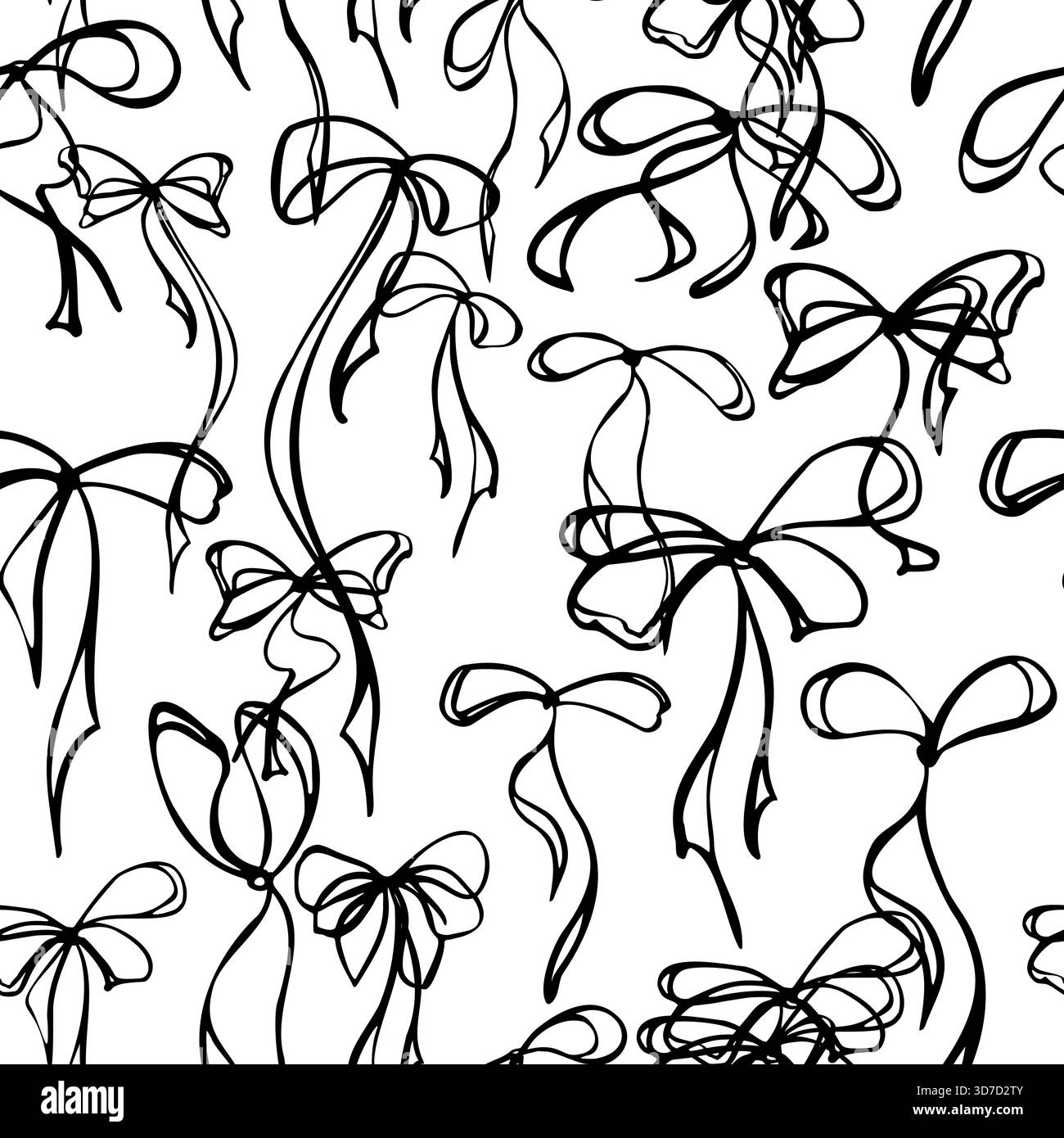 Verspielte Schleifenschleifen mit verschnürten Knoten aus schmalem Band oder Garn in endlosem Layout. Vektor nahtlose Muster Illustration Hand gezeichnet in Tinte Stock Vektor