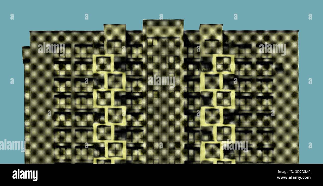 Stilvolles Hochhaus im Halbtonstil mit sich wiederholenden Balkonen. Das Design kombiniert einen gedämpften Grünton auf der Fassade mit einem blaugrünen Hintergrund Stockfoto