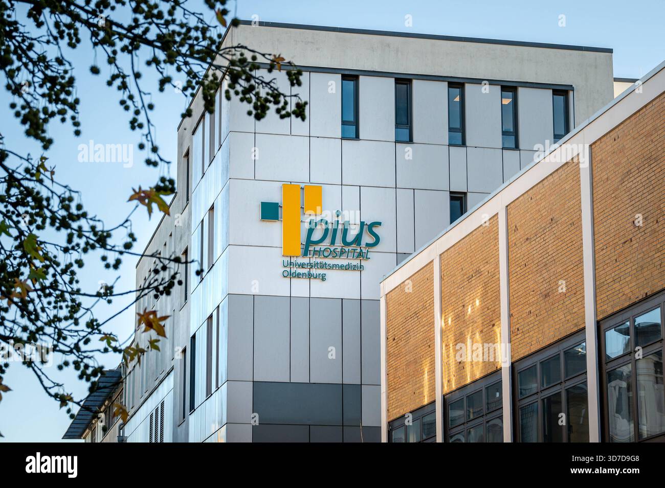 Pius-Hospital Oldenburg Oldenburg, Deutschland, 21.11.2025: Außenansicht des Pius-Hospitals, ein Teil der Universitätsmedizin Oldenburg. Die Architektur und das Kliniklogo sind gut sichtbar. *** Pius Hospital Oldenburg Oldenburg, Deutschland, 21 11 2025 Außenansicht des Pius Hospital, Teil des Universitätsklinikums Oldenburg die Architektur und das Krankenhauslogo sind deutlich sichtbar Stockfoto