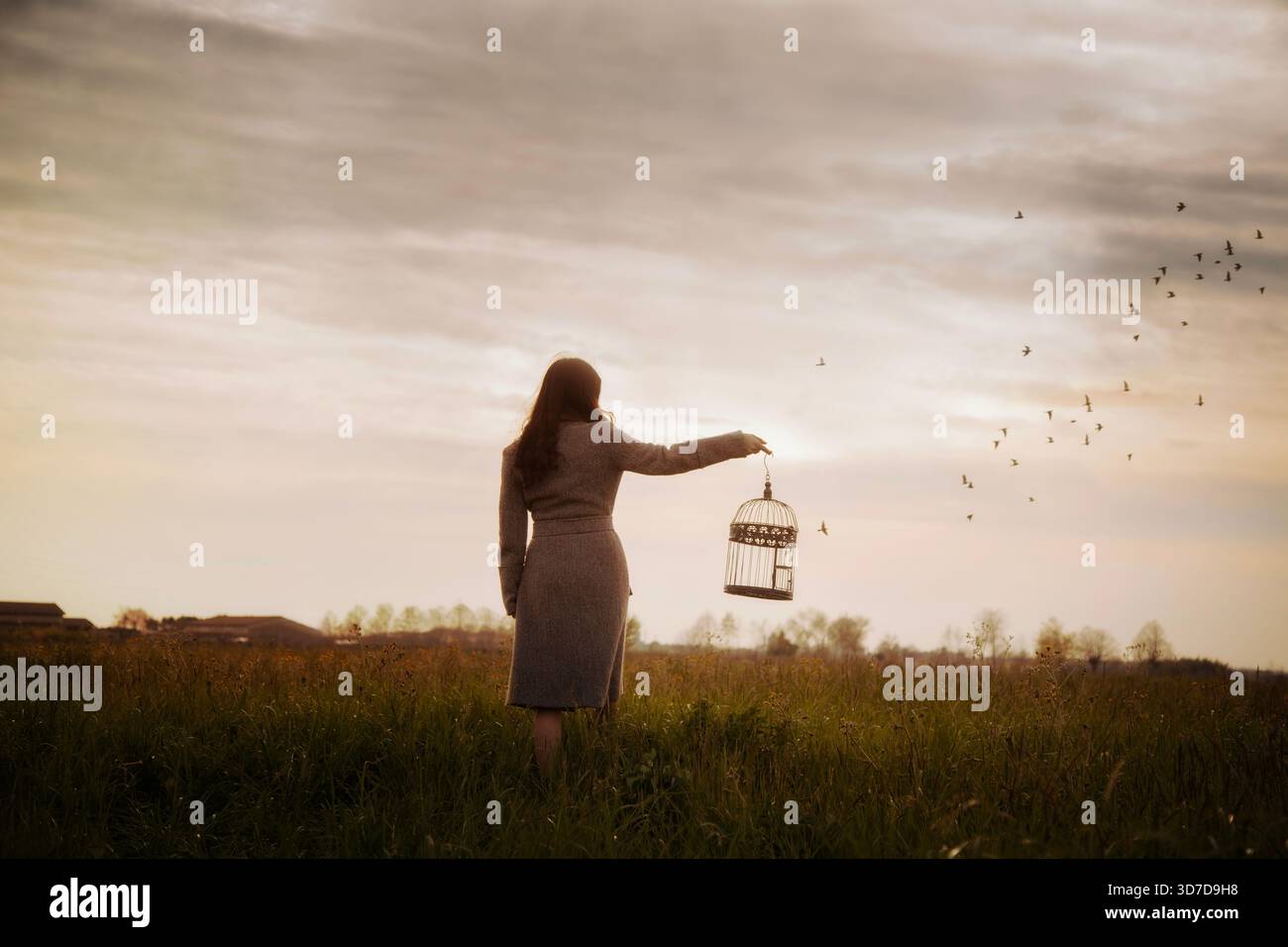 Mädchen geht in die Unendlichkeit mit einem leeren Käfig auf einem Feld bei Sonnenuntergang, während sie freie Vögel am Himmel beobachten. Stockfoto