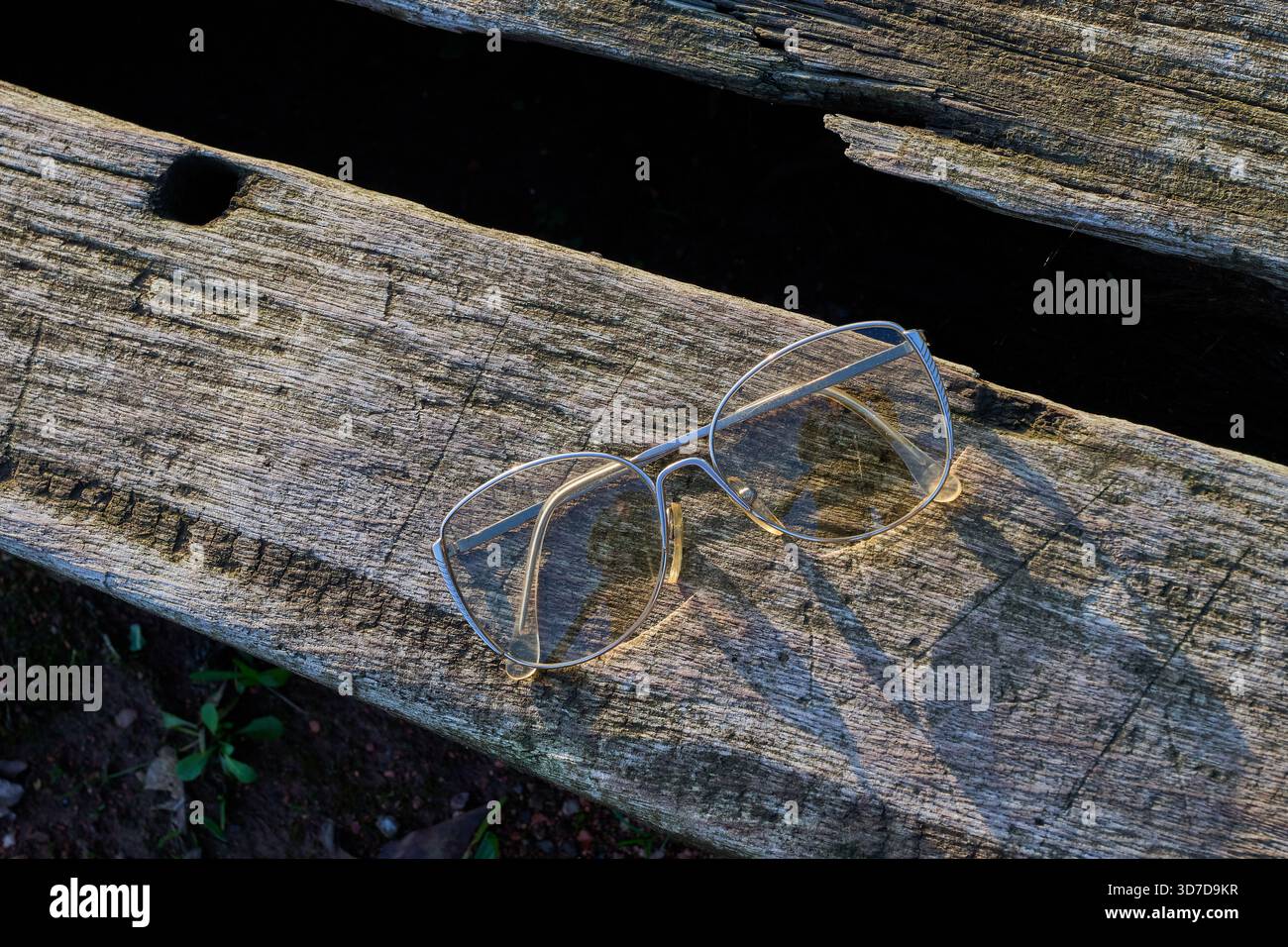 Brille und ihre Hülle auf strukturiertem Holz Stockfoto