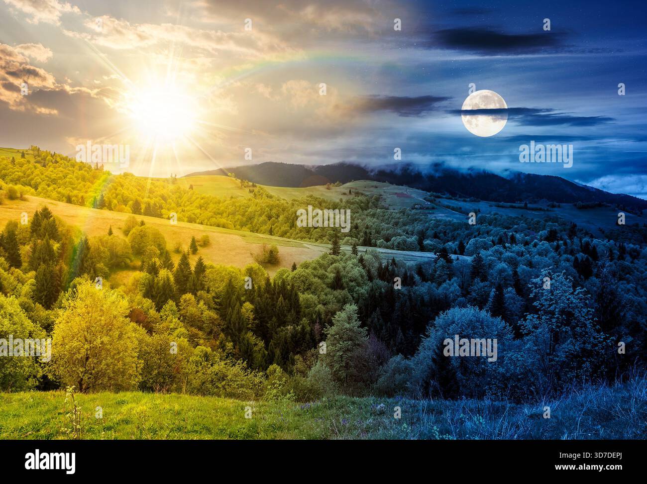 Wald im ländlichen Berggebiet. Tag- und Nachtzeitwechsel. Landschaft mit grünem Ackerfeld auf einem Hügel mit Sonne und Mond in der Dämmerung. Stockfoto