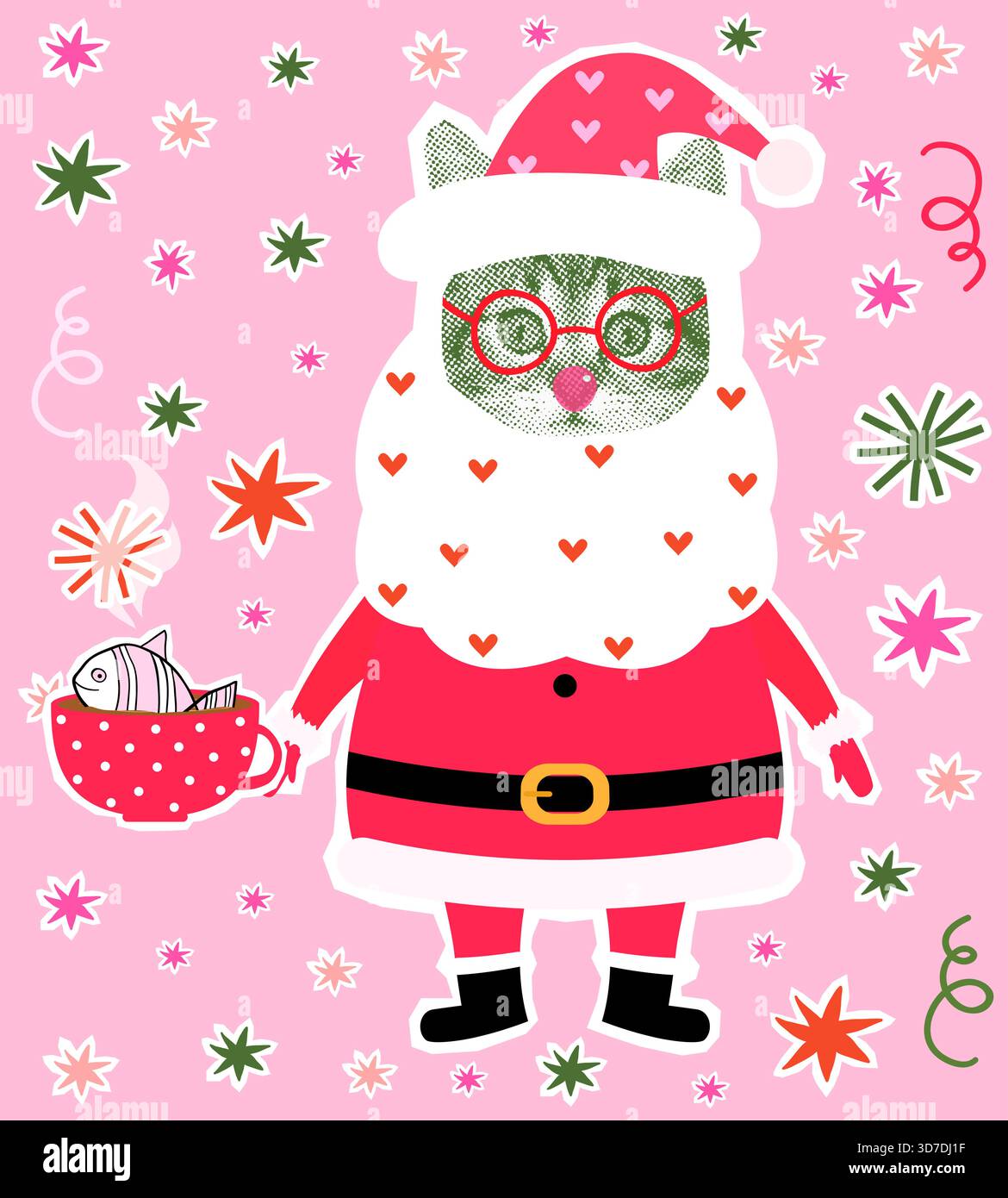Lustige Santa Claus Vektor Katze Collage mit niedlichem Kätzchen mit Bart mit Herzen und Weihnachtsmann Hut, Weihnachtsillustration Collage Grußkarte, Banner Stock Vektor