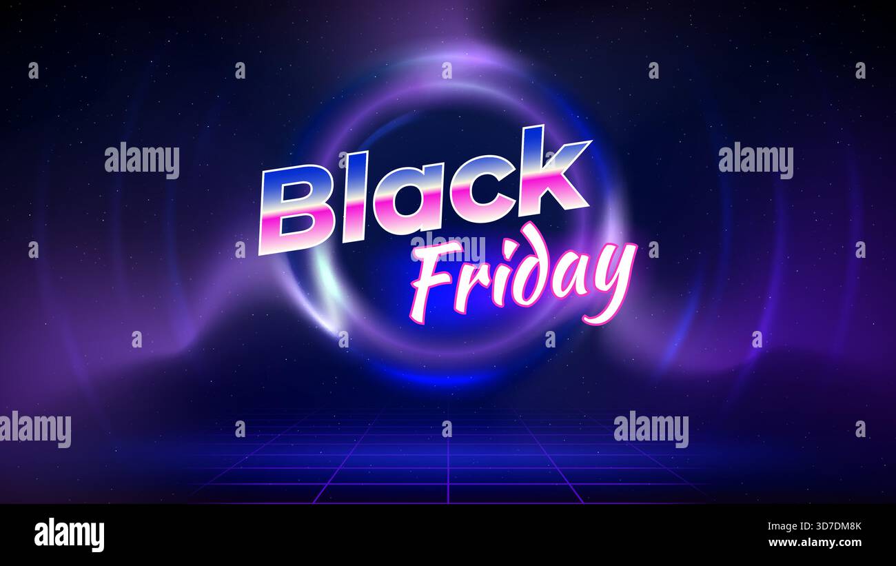 Black friday Angebot Banner, Neonfarbe. Verkaufsposter, Werbeaktion. Tisch, Lasergitter, kreisförmiger Lichtrahmen, Drahtdarstellung, dunkelblauer Hintergrund. Black friday Stock Vektor