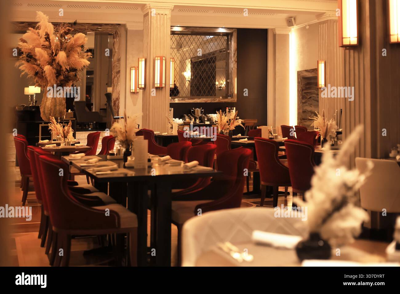 Eleganter Speisesaal mit roten Samtstühlen, dunklen Tischen und Beleuchtung für ein luxuriöses Erlebnis. Hochwertige Fotos Stockfoto