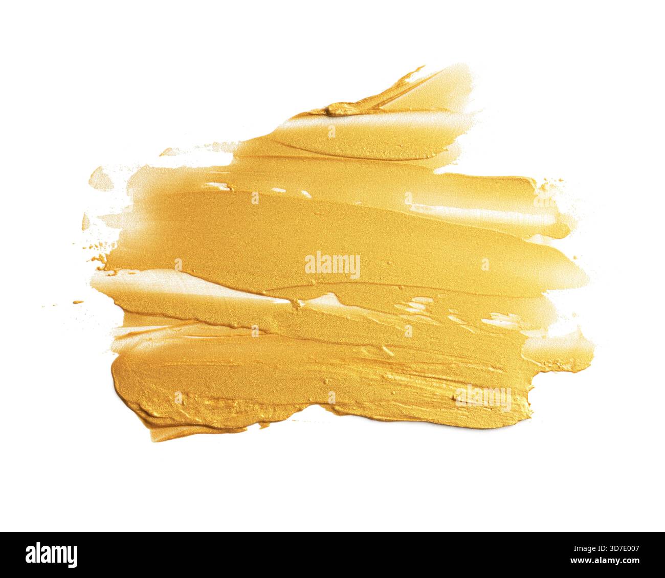 Goldener Farbpigmentabstrich auf weißem Hintergrund. Glänzende metallische Pinselstrichstruktur, geeignet für Kunstprojekte, Designelemente, kreative Hintergründe und Stockfoto