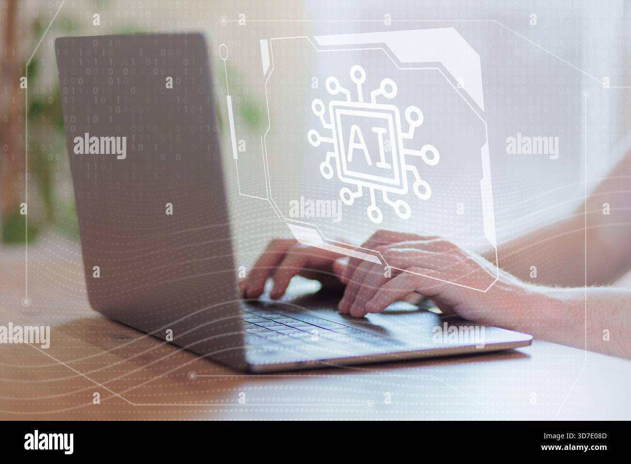 Handtasten auf der Laptop-Tastatur mit digitaler KI-Chip-Icon-Überlagerung und Schaltungsgrafik. KI-Chatbot-Konzept für maschinelles Lernen Stockfoto