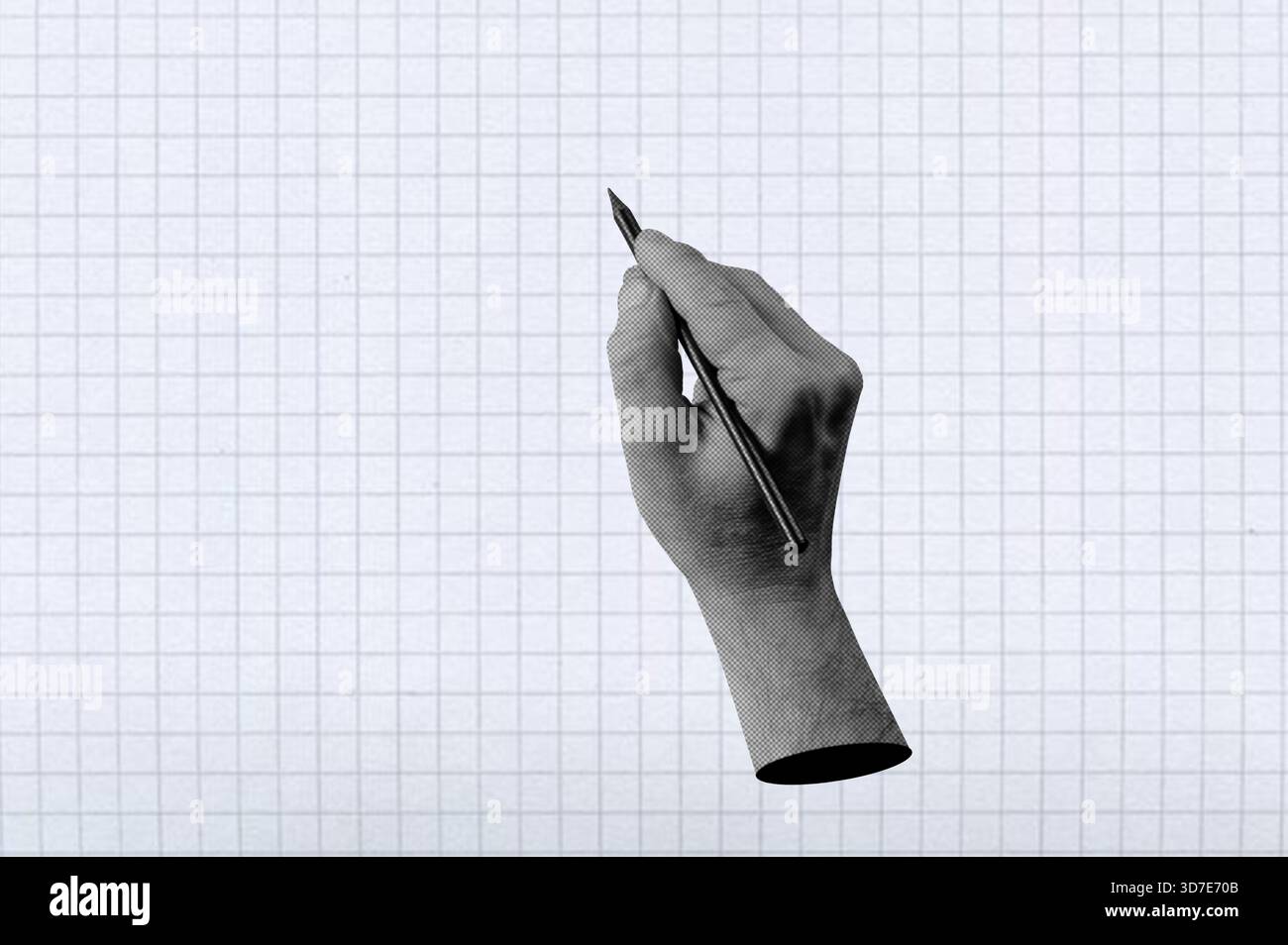 Menschliche Hände im gepunkteten Pop-Art-Stil mit Bleistift. Gemischtes Mediendesign. Stockfoto