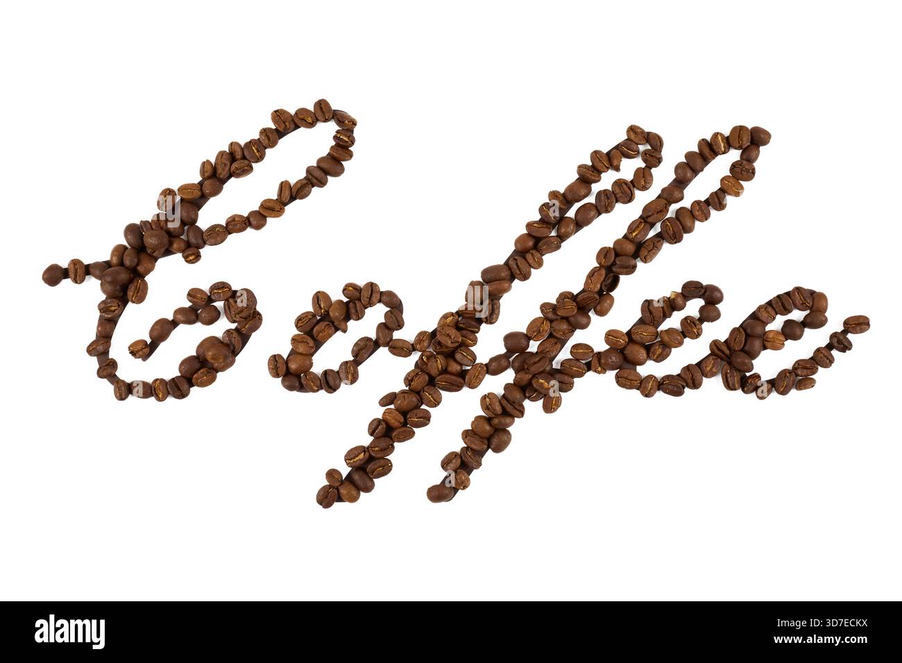 Kaffeebohnen in Form von Wort oder Text „Coffee“ isoliert auf weiß Stockfoto